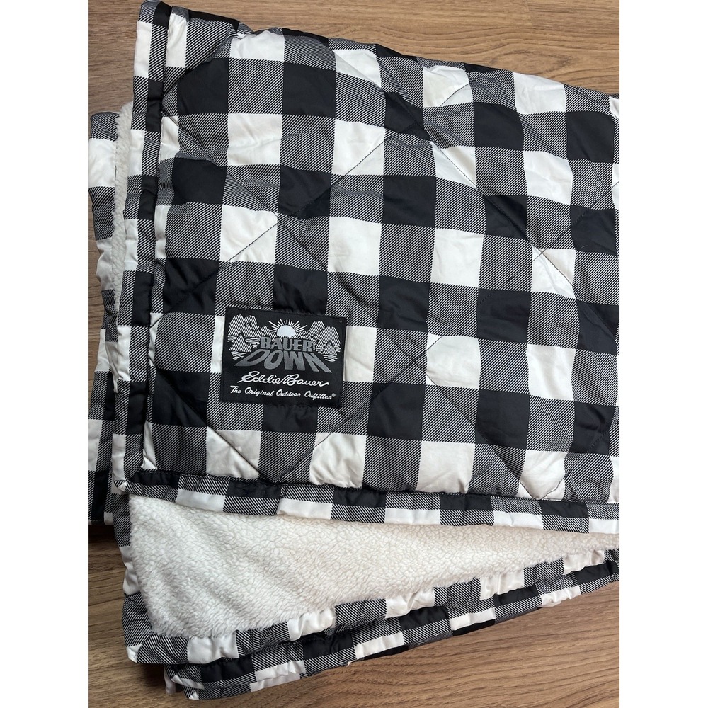 Eddie Bauer Down Filled Throw Blanket Black Plaid Sherpa Nylon 50x72"